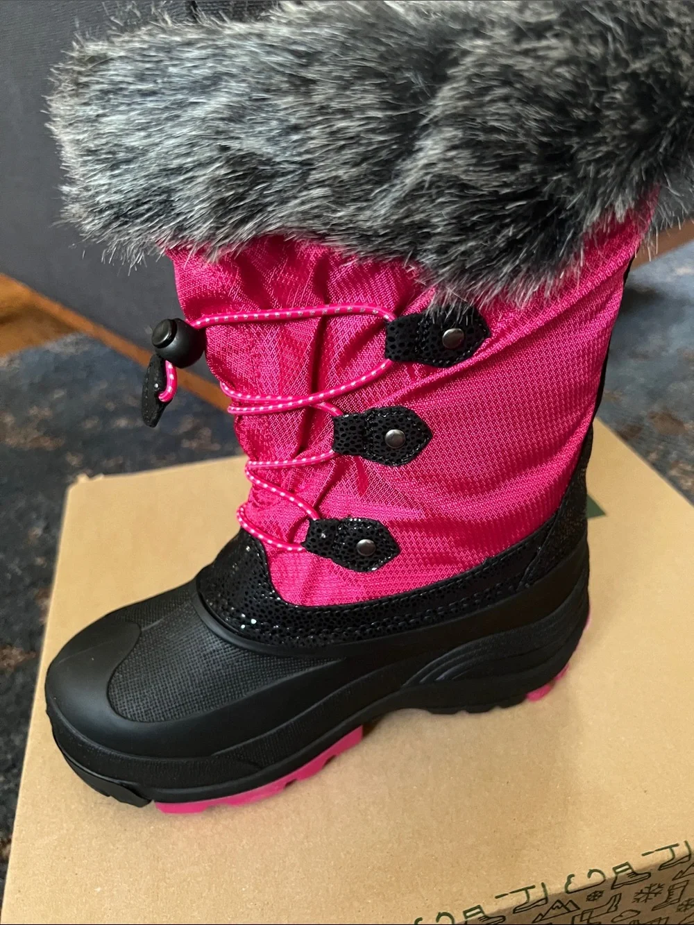 Kamik Black and Bright Pink Faux-Fur Cuff Snow Boot